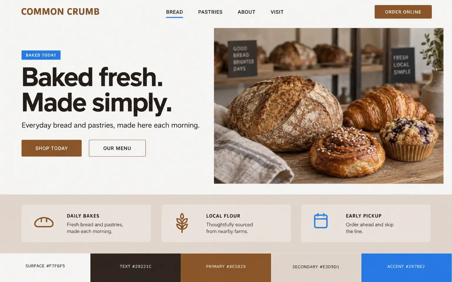 Example website coloured with a palette whose accent is the only cool thing on it