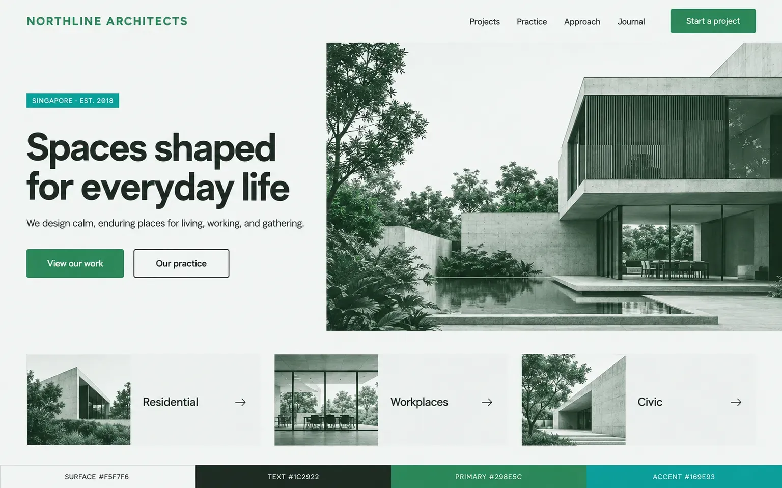 Example website coloured with a palette whose accent appears exactly twice