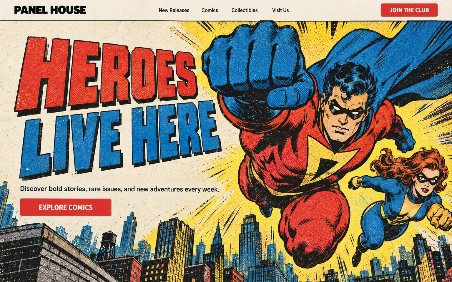 Example website whose artwork is classic american superhero comic art