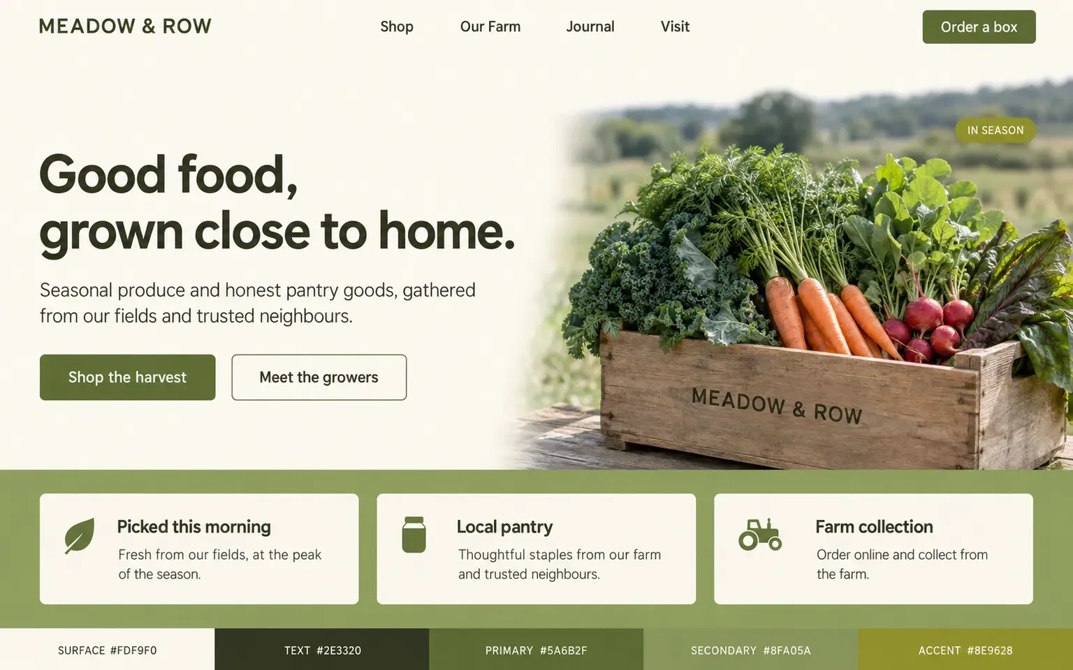 Example website coloured with a palette whose colours are neighbours on the colour wheel