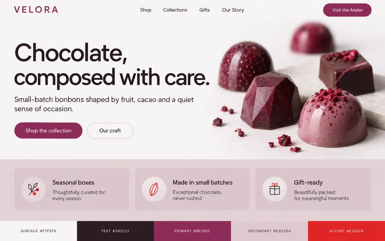 Example website coloured with a an analogous palette of berry reds and violets