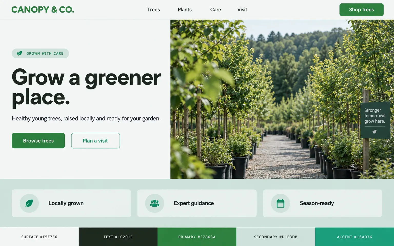 Example website coloured with a an analogous palette of forest greens