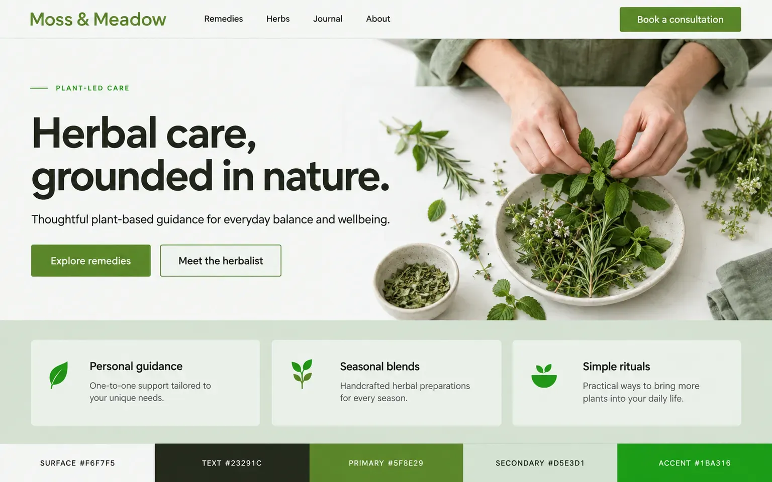 Example website coloured with a an analogous palette of mossy greens and yellows
