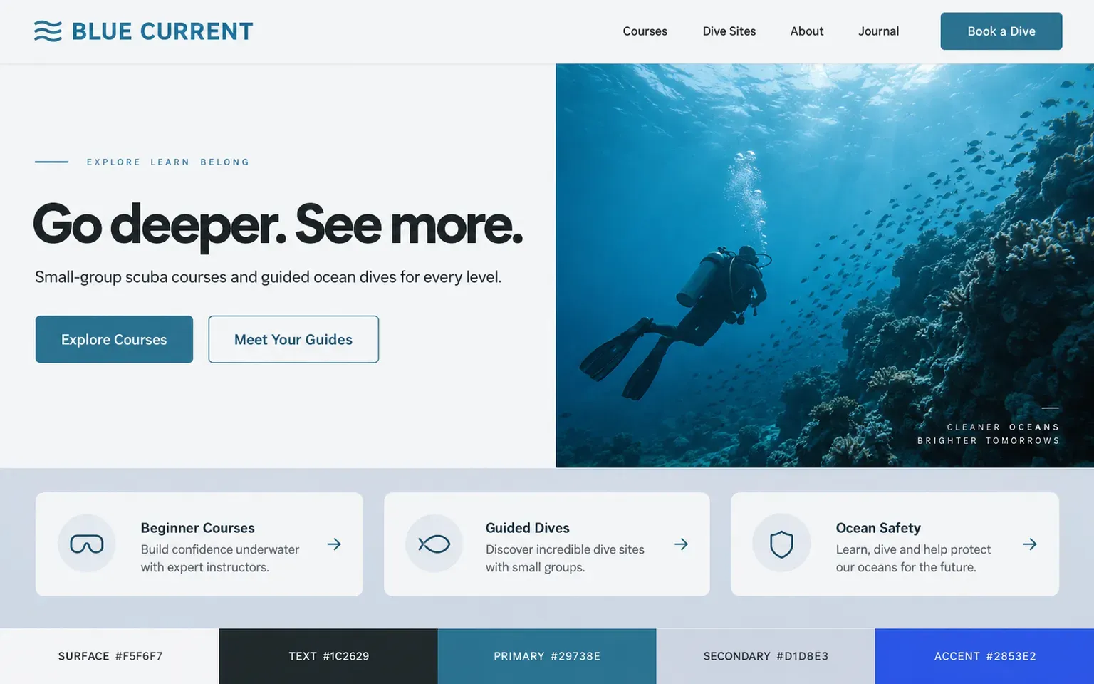 Example website coloured with a an analogous palette of ocean blues and teals