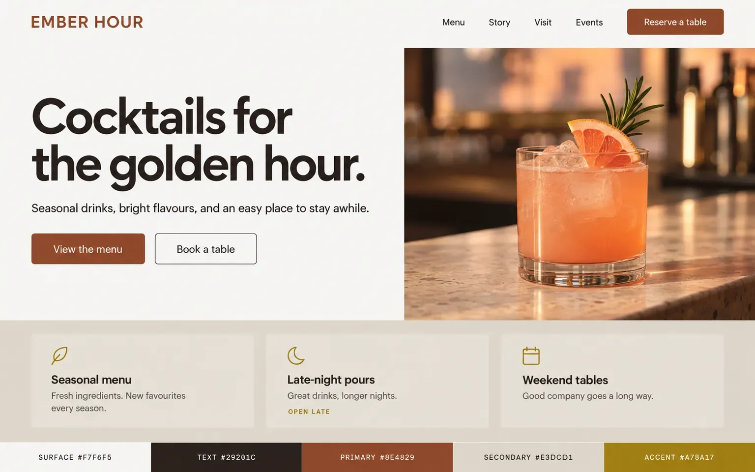 Example website coloured with a an analogous palette of sunset oranges and pinks