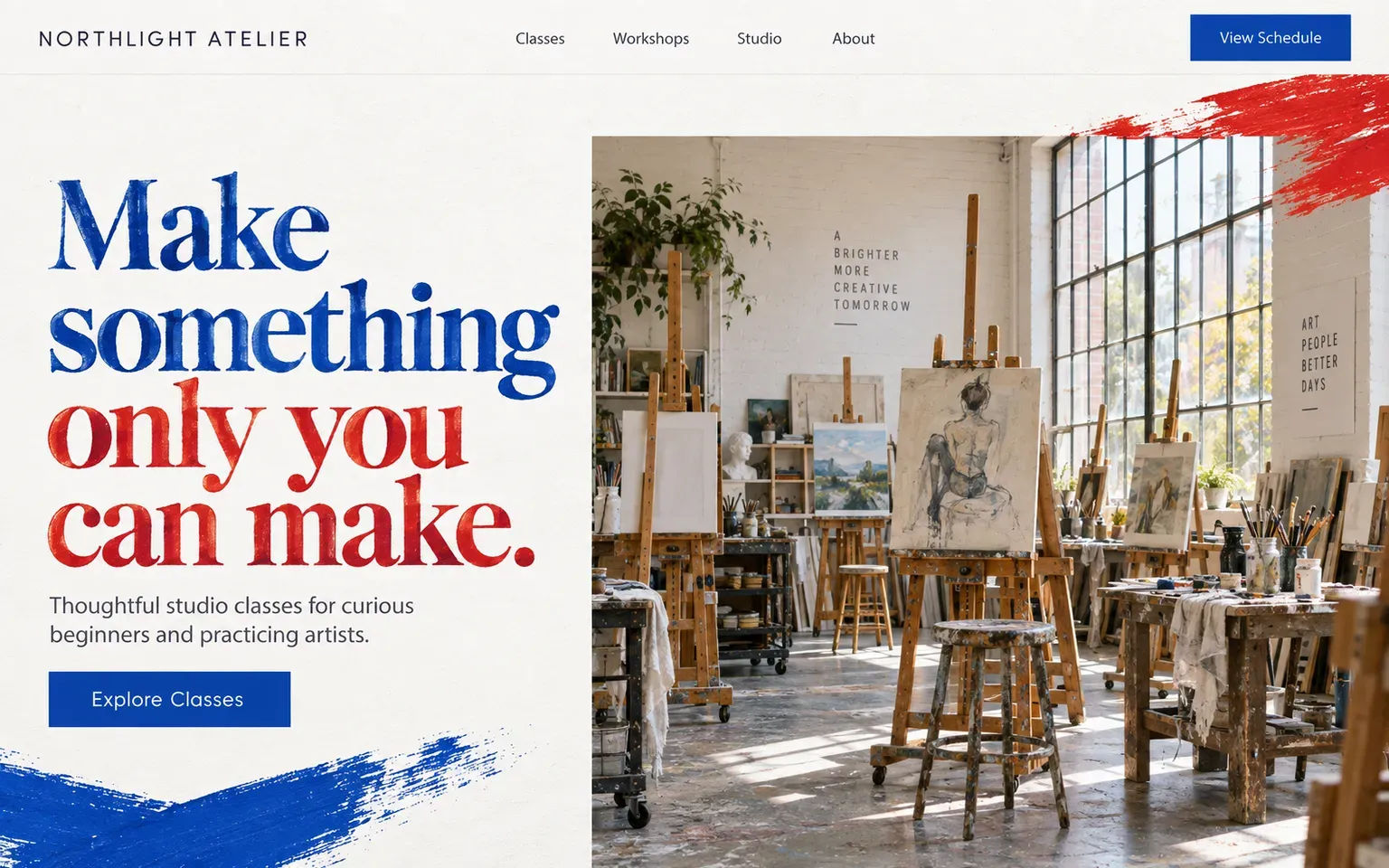 Example website for a art school and studio classes
