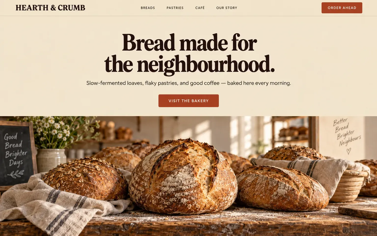 Example website for a neighbourhood bakery and cafe