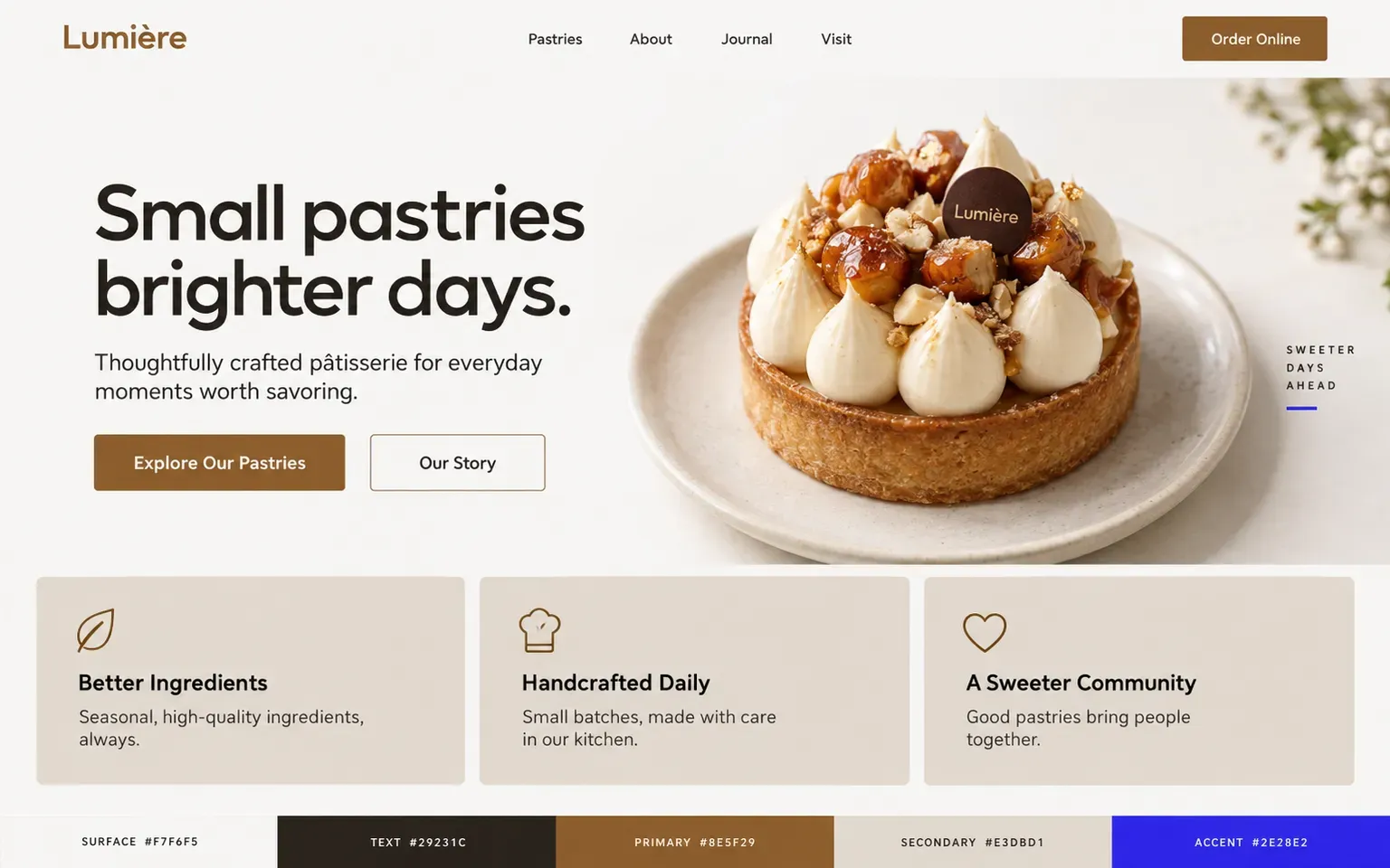 Example website coloured with a warm bakery palette in caramel