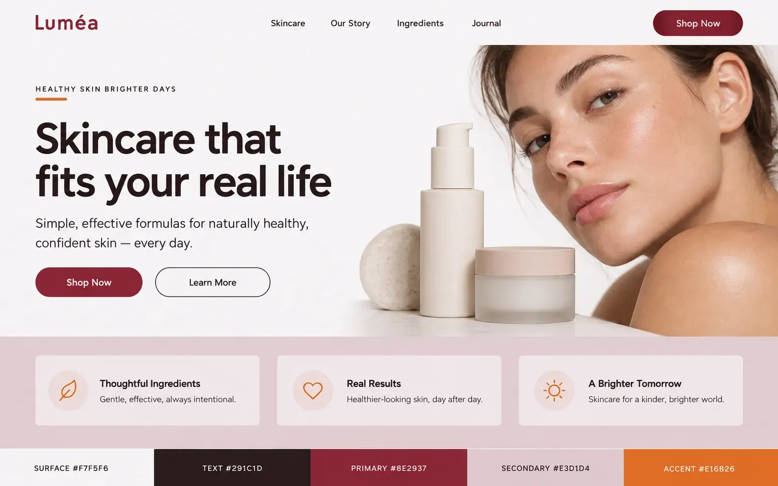 Example website coloured with a soft beauty palette in blush and bronze
