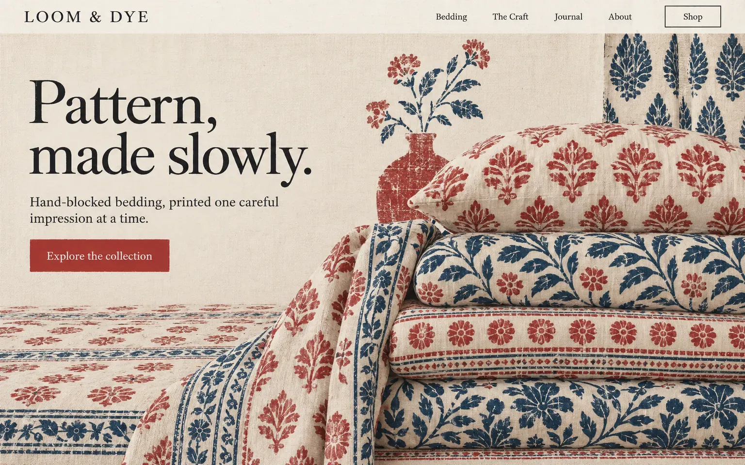 Example website whose artwork is hand block printing on cloth