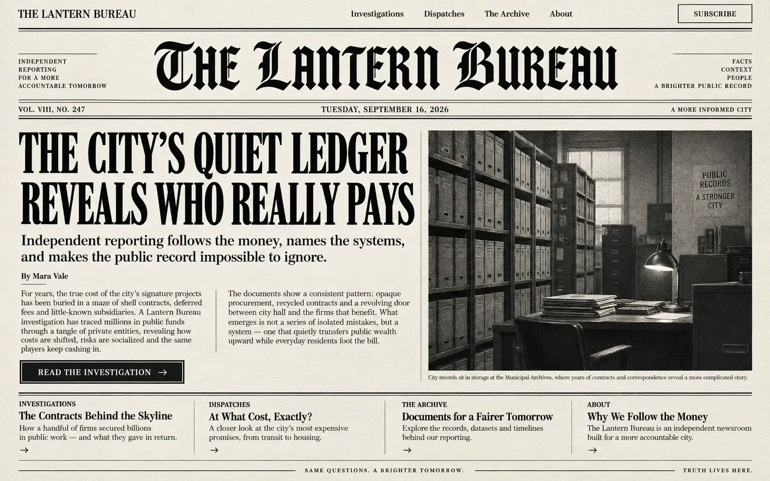 Example website designed in the Broadsheet newspaper style