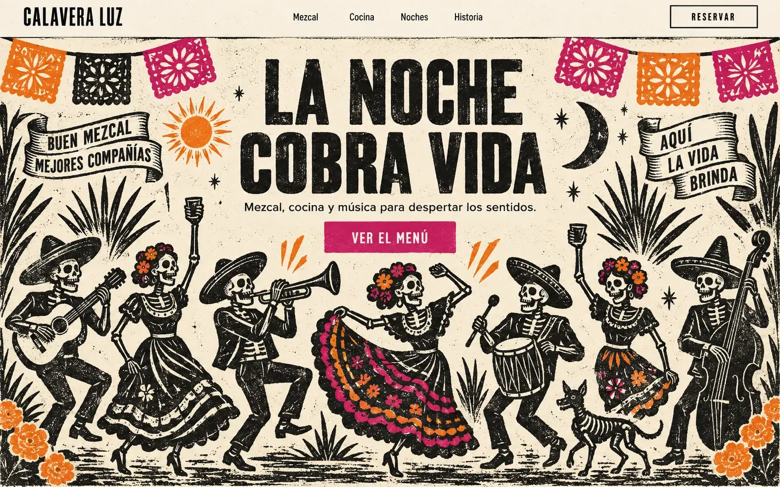 Example website whose artwork is calavera broadside in the posada manner