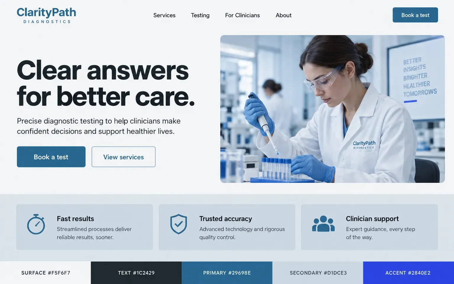 Example website coloured with a clean clinical palette in blue