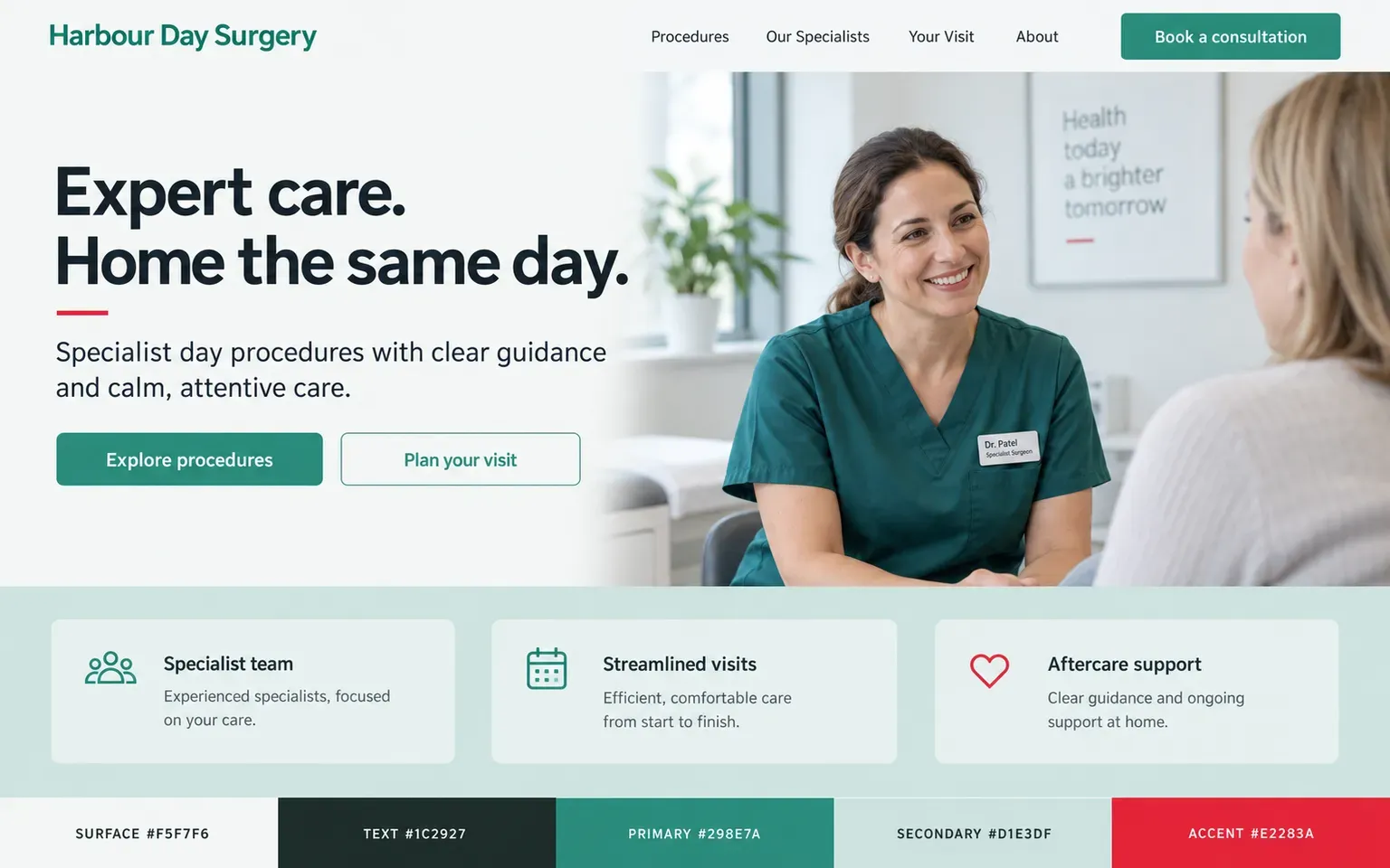 Example website coloured with a clean clinical palette