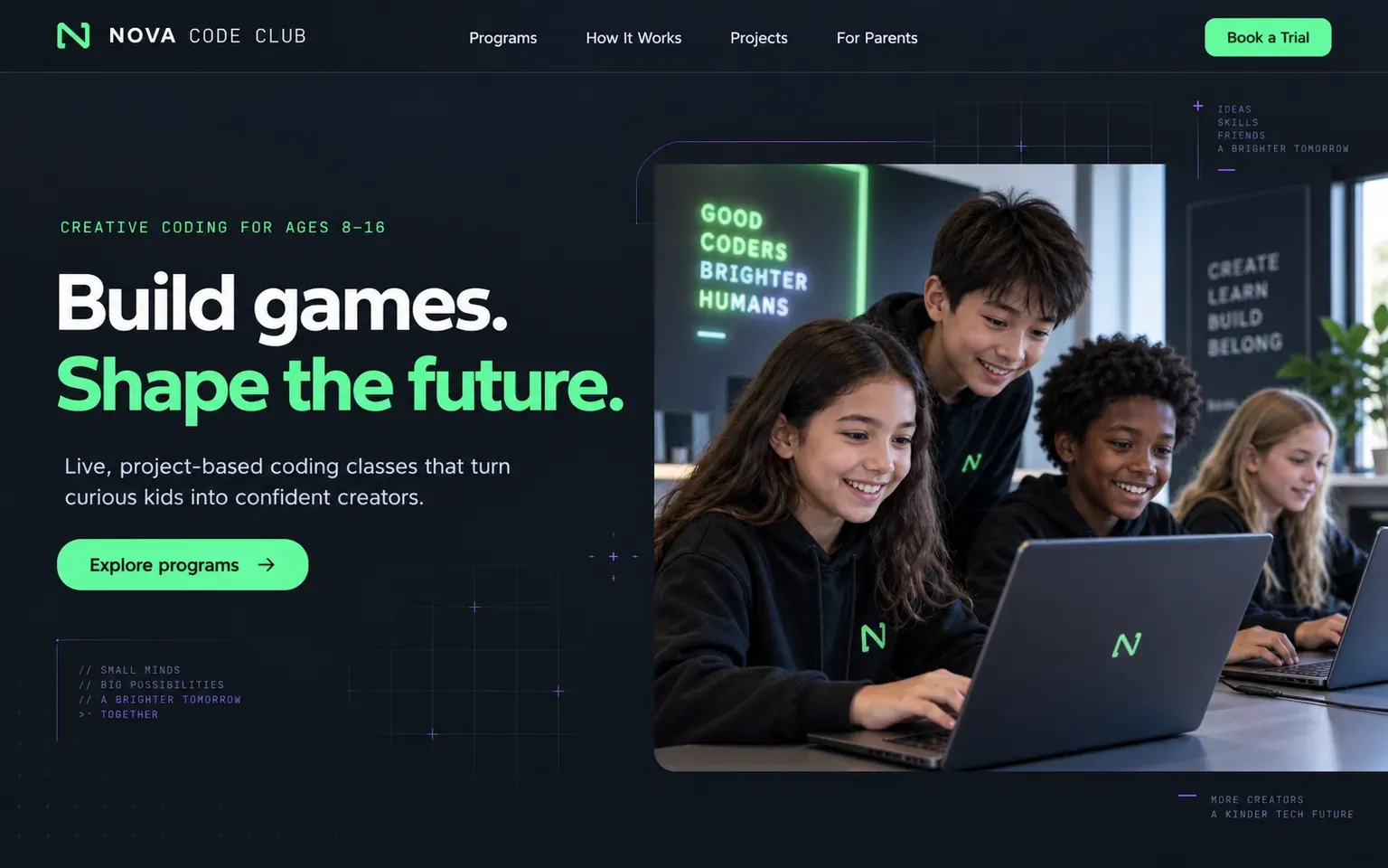 Example website for a coding school for children
