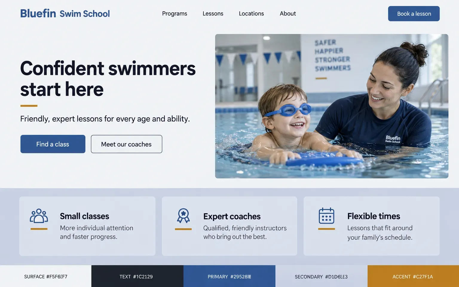 Example website coloured with a complementary palette of blue and orange