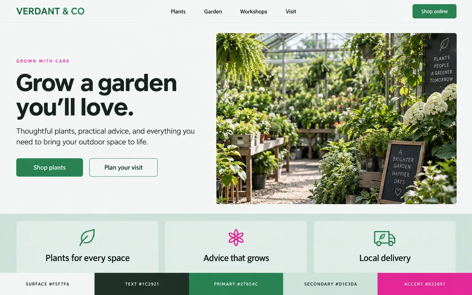 Example website coloured with a complementary palette of green and red
