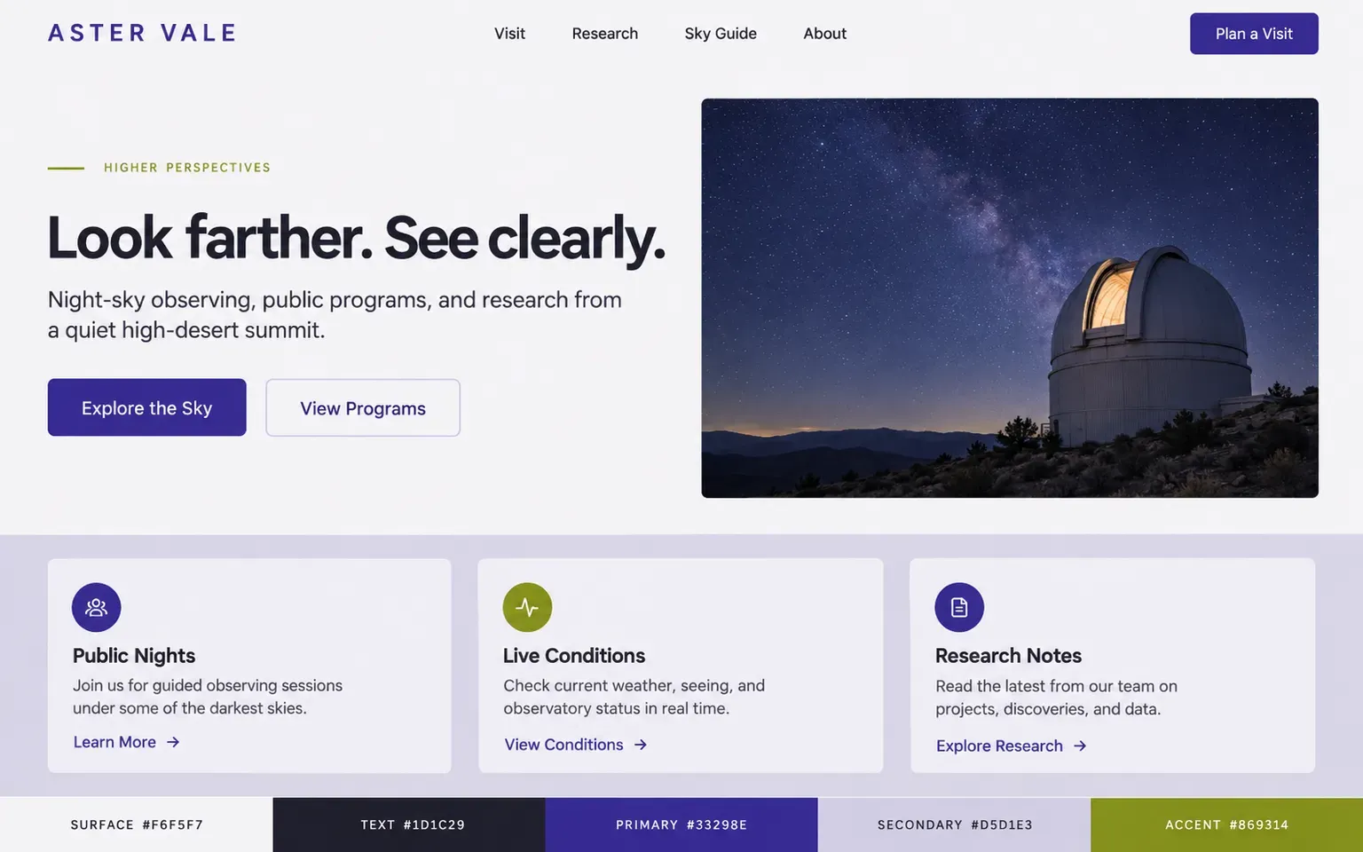 Example website coloured with a complementary palette of indigo and amber