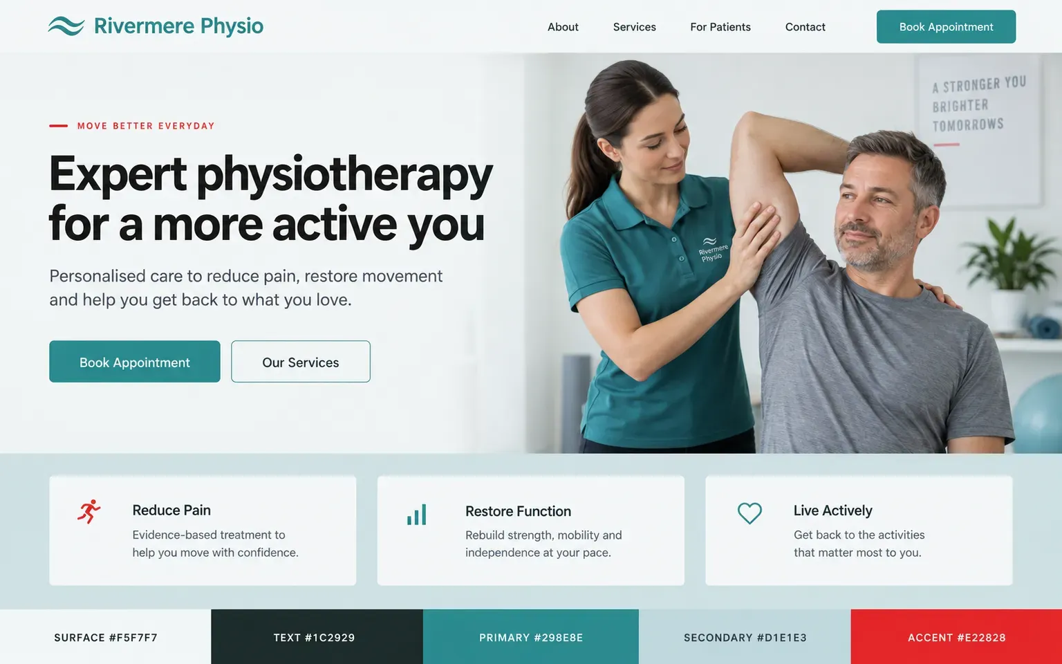 Example website coloured with a complementary palette of teal and coral