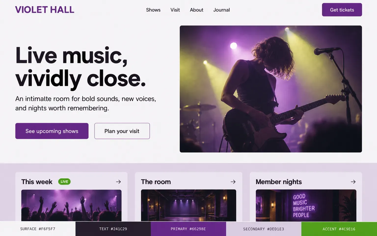 Example website coloured with a complementary palette of violet and yellow