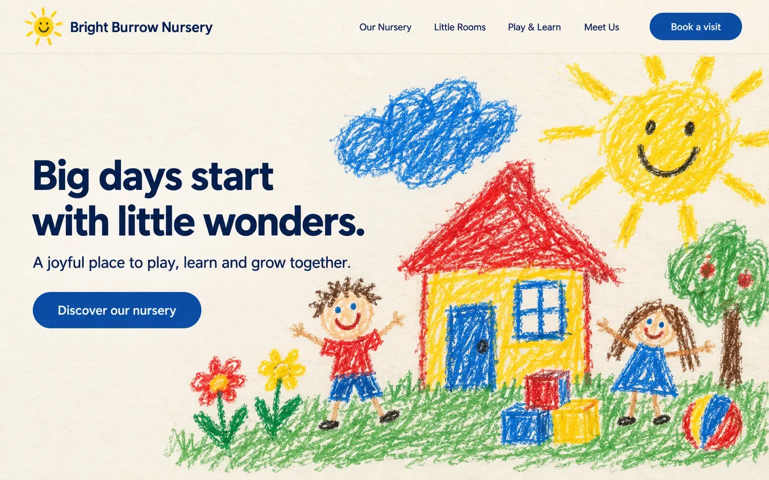 Example website whose artwork is wax crayon drawing in a child's hand