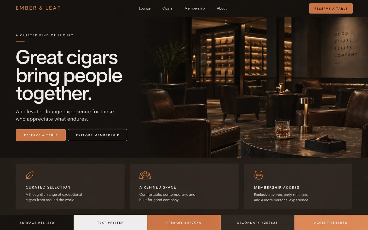 Example website coloured with a dark palette built on espresso brown
