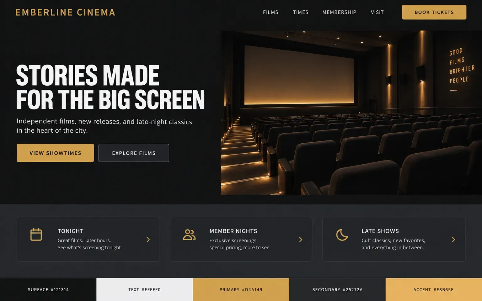 Example website coloured with a dark charcoal palette lit by amber