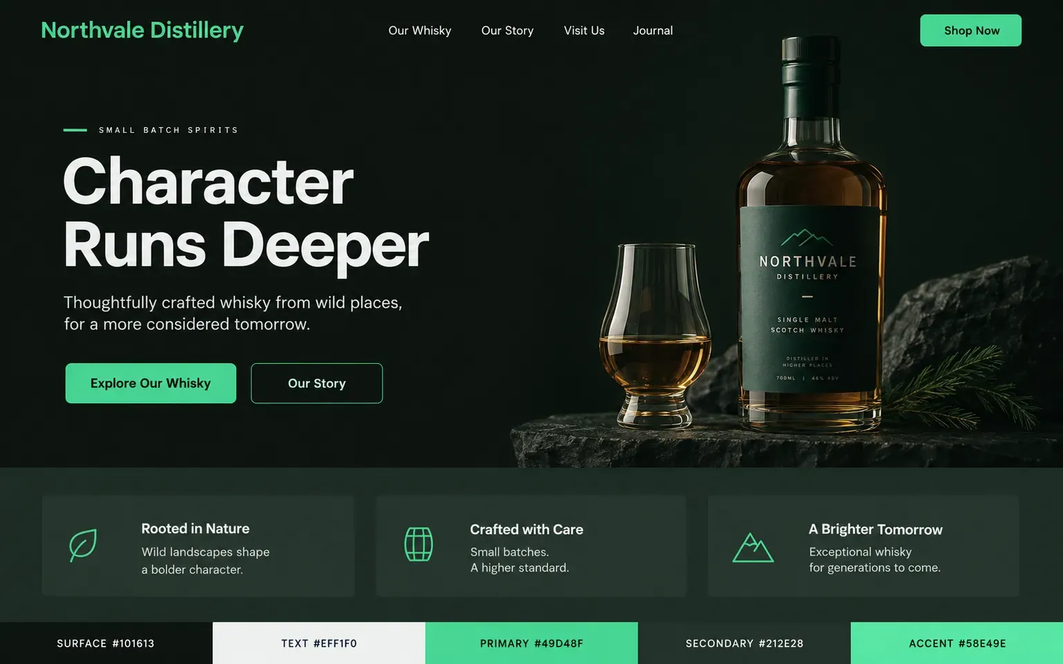 Example website coloured with a dark palette built on forest green