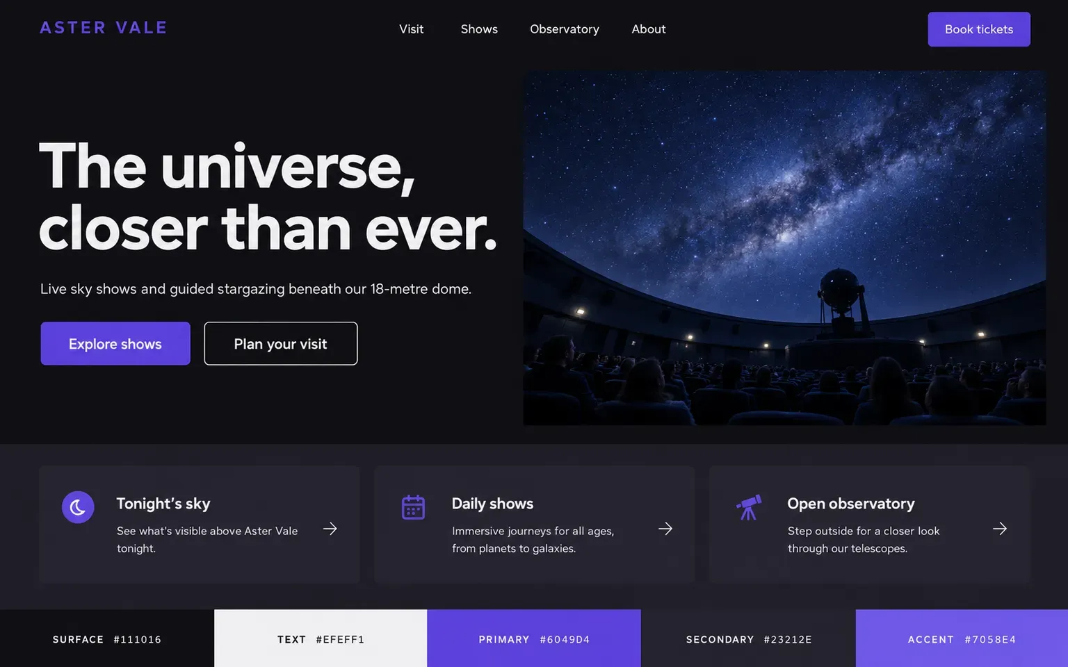 Example website coloured with a dark palette built on indigo