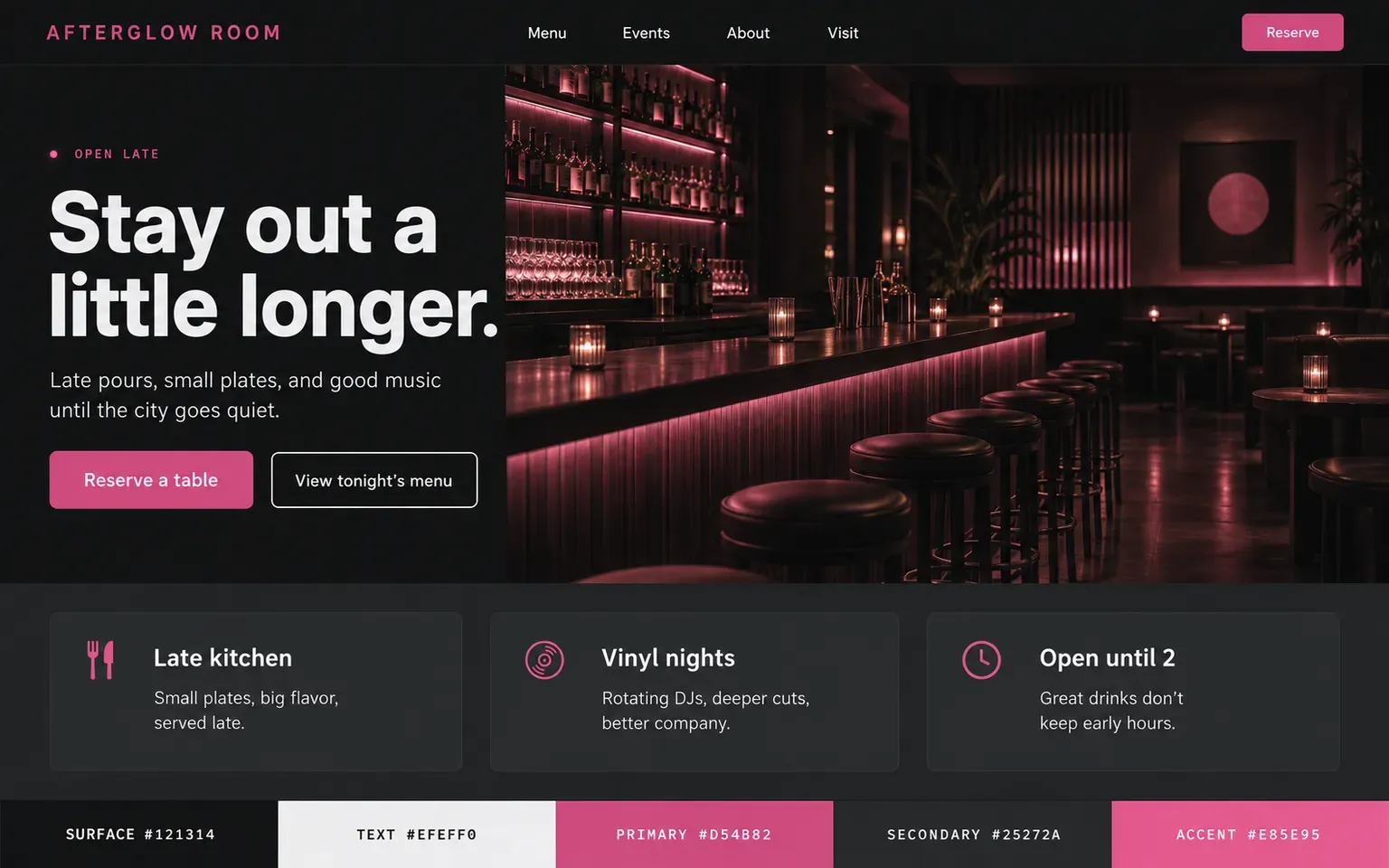 Example website coloured with a dark midnight palette lit by rose