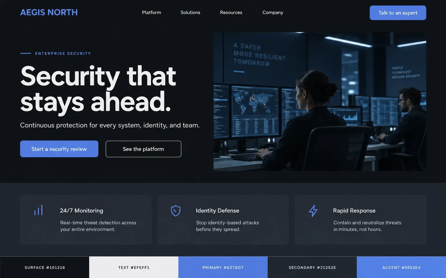 Example website coloured with a dark palette built on navy
