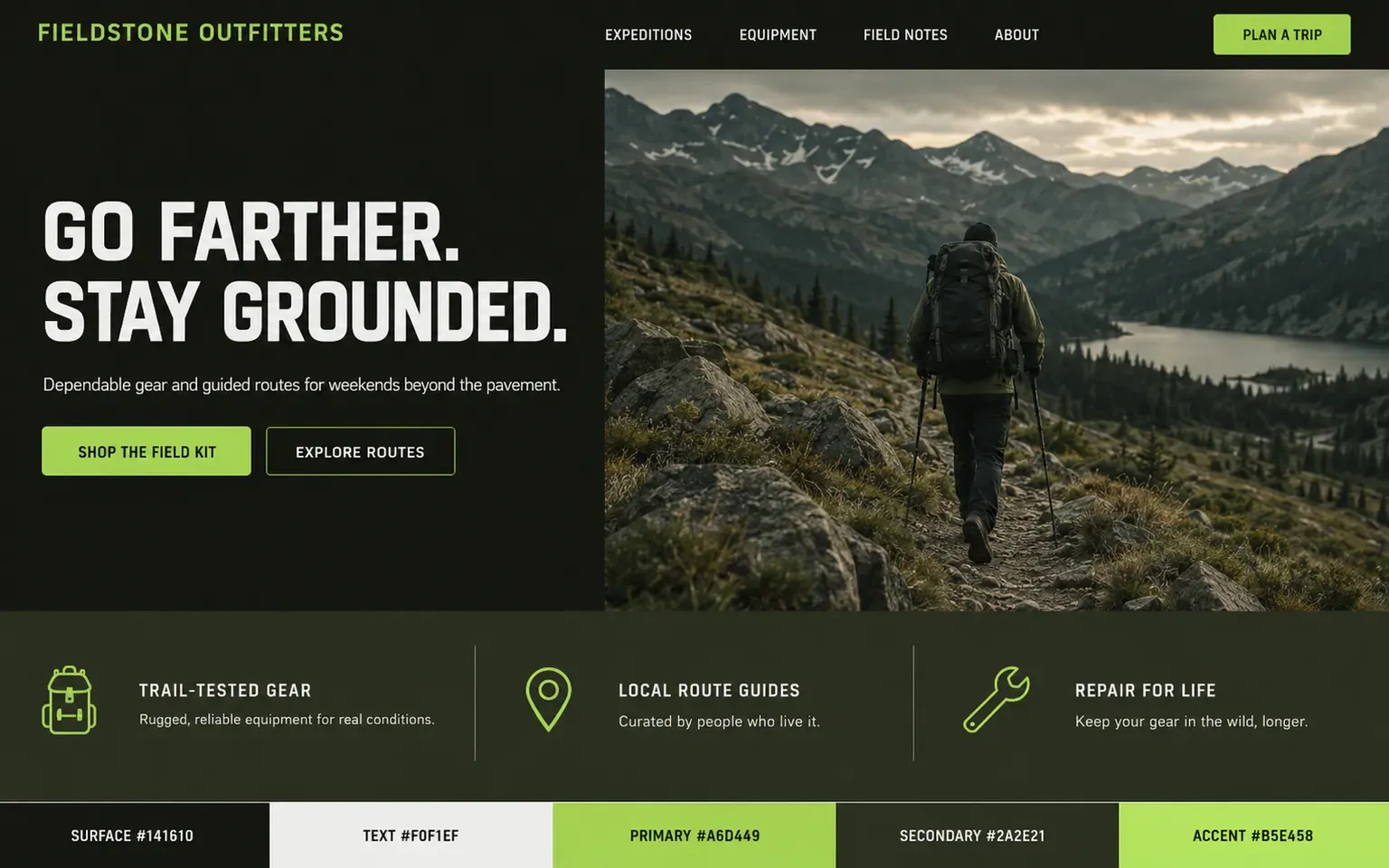 Example website coloured with a dark palette built on olive
