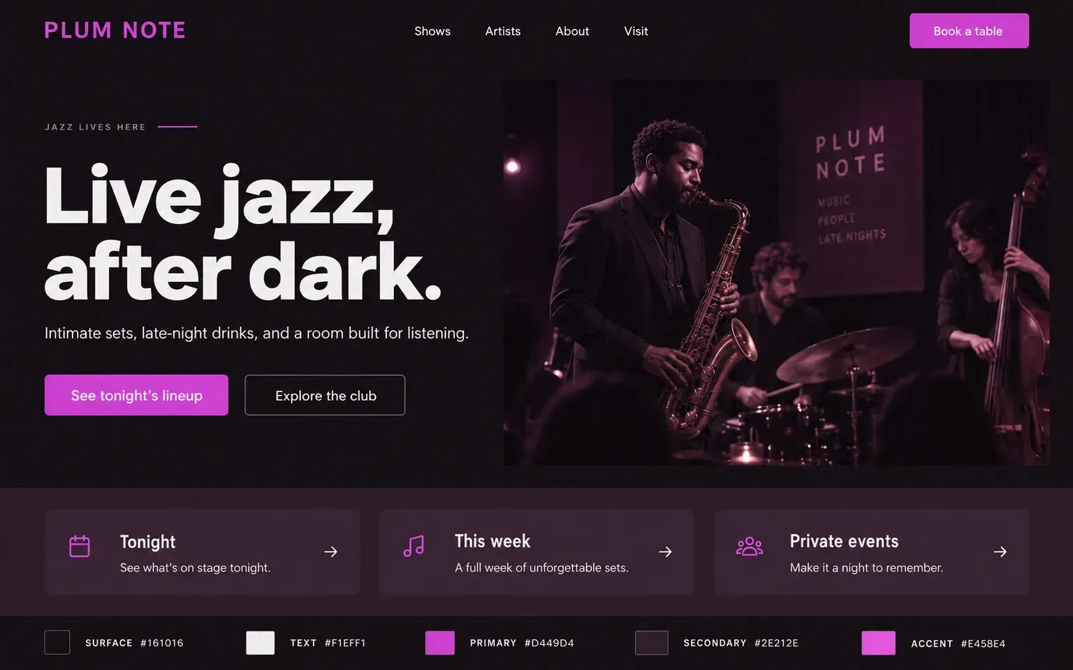 Example website coloured with a dark palette built on plum
