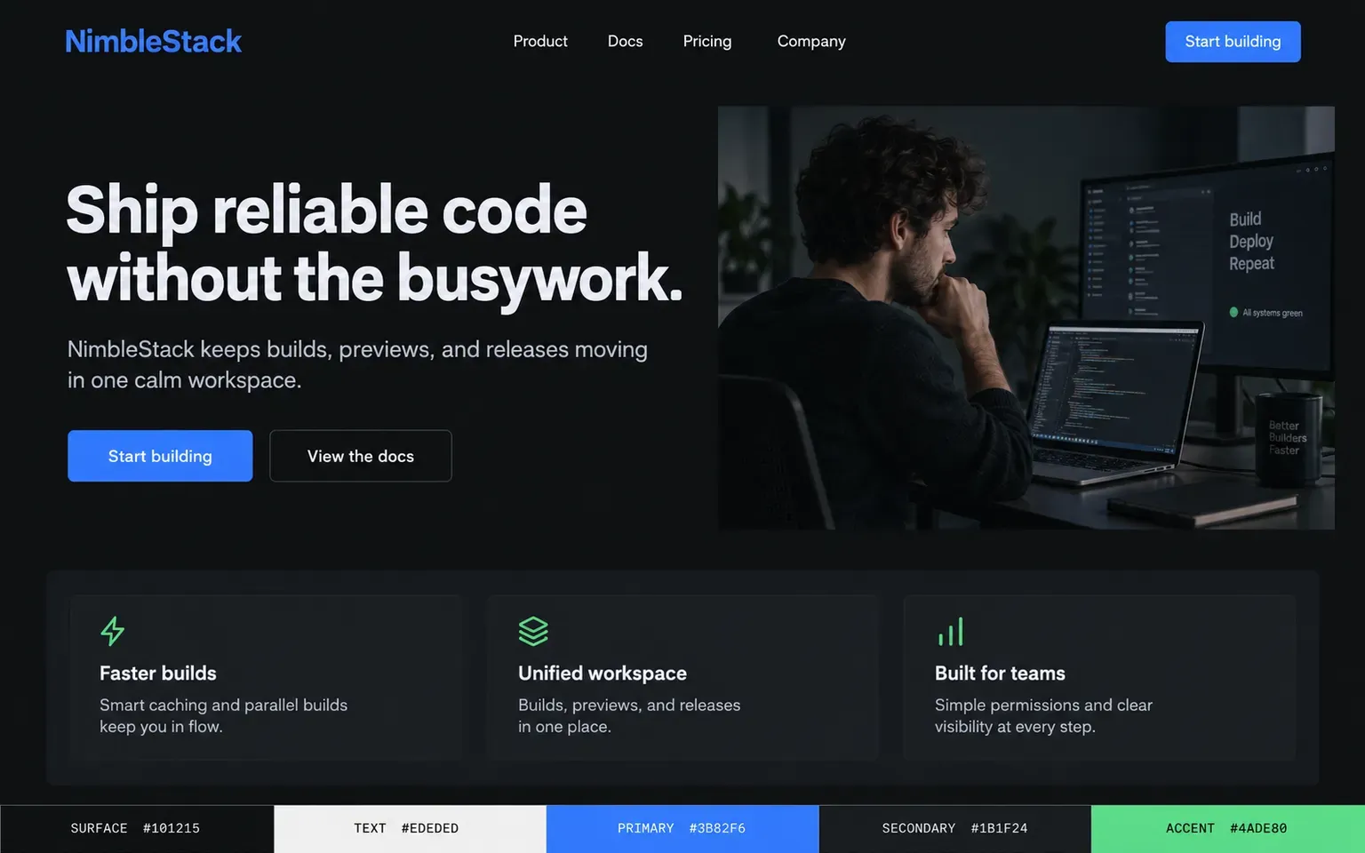 Example website coloured with a palette built on a dark page