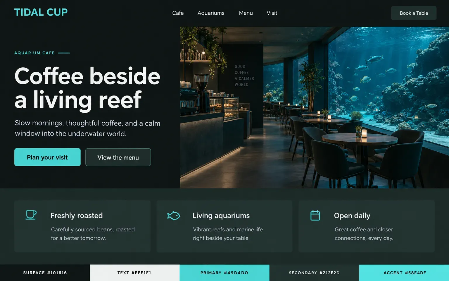 Example website coloured with a dark palette built on teal