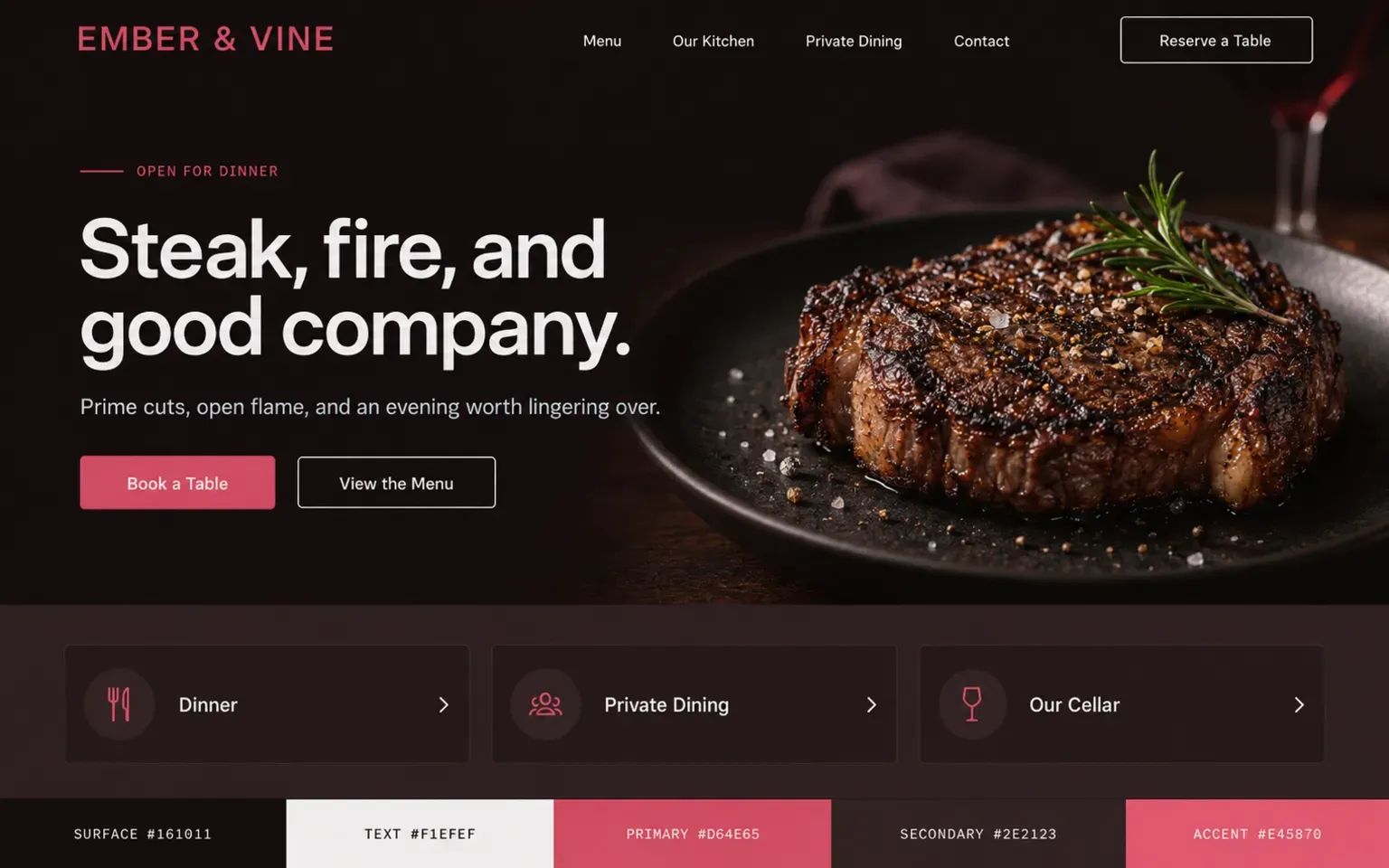 Example website coloured with a dark palette built on wine red