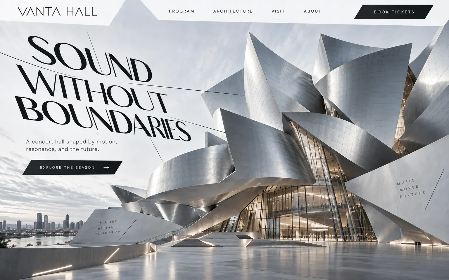 Example website designed in the Deconstructivism in the Gehry and Hadid manner style