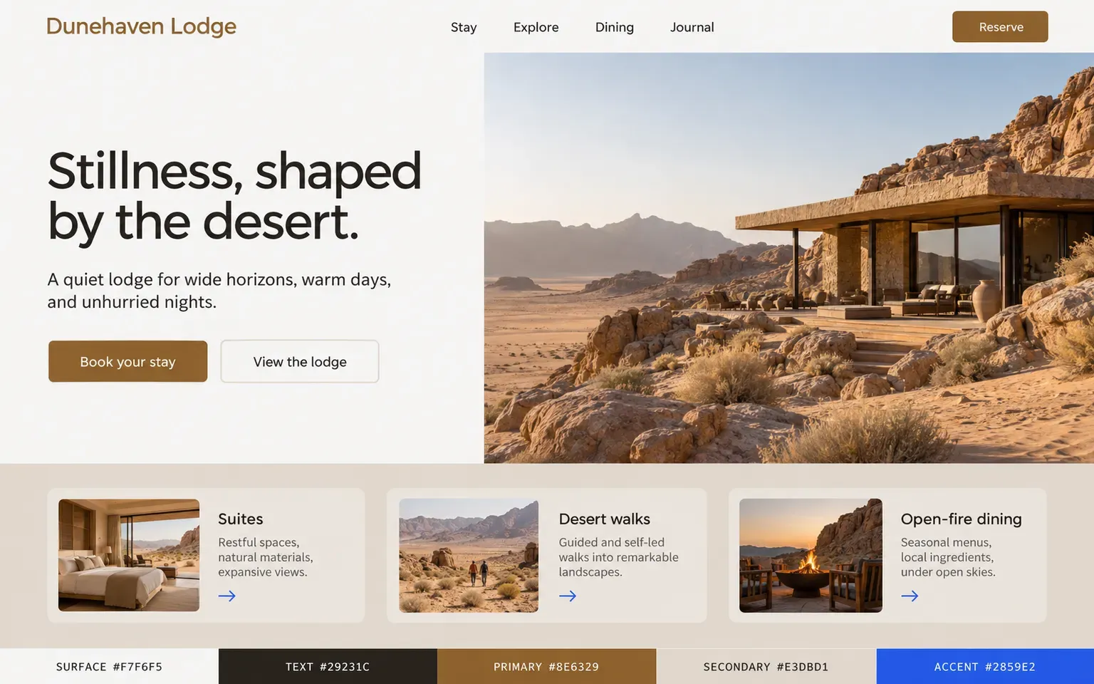 Example website coloured with a desert palette in sand and terracotta
