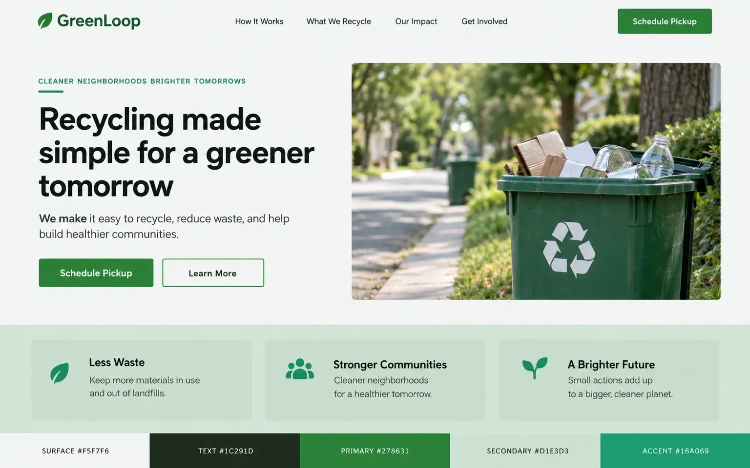 Example website coloured with a an environmental palette in leaf green
