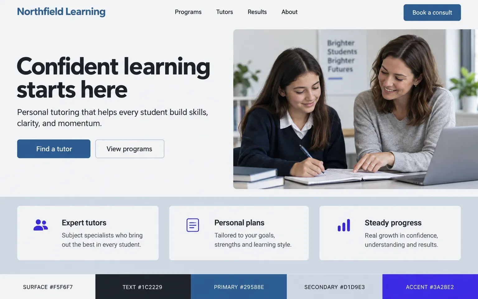 Example website coloured with a trustworthy education palette