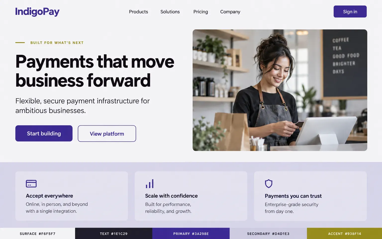 Example website coloured with a confident financial-technology palette