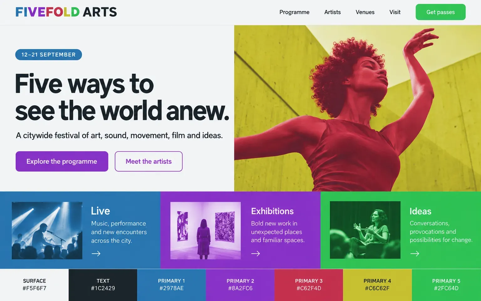 Example website coloured with a palette with five equal primaries