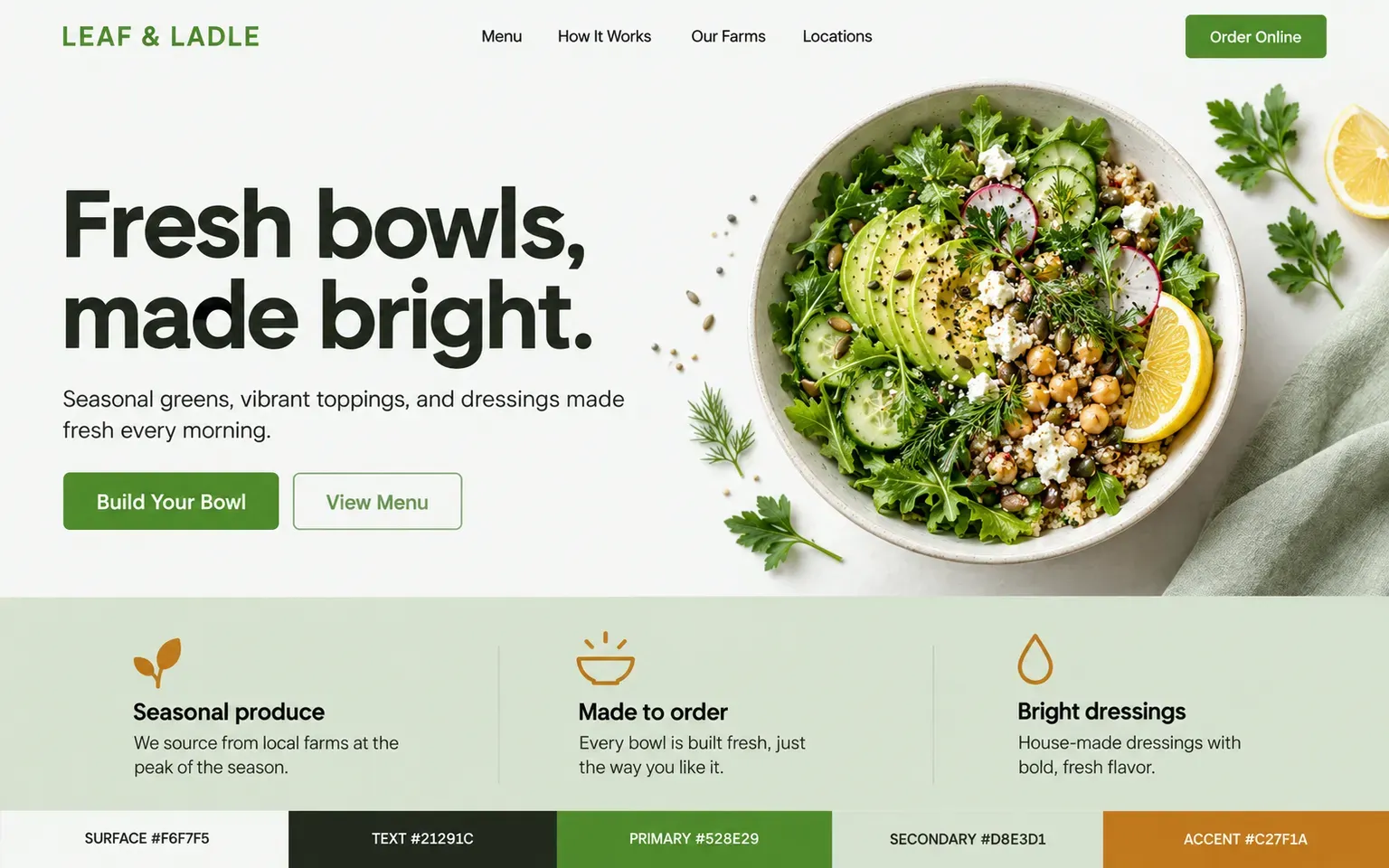 Example website coloured with a an appetising food palette in herb and lemon