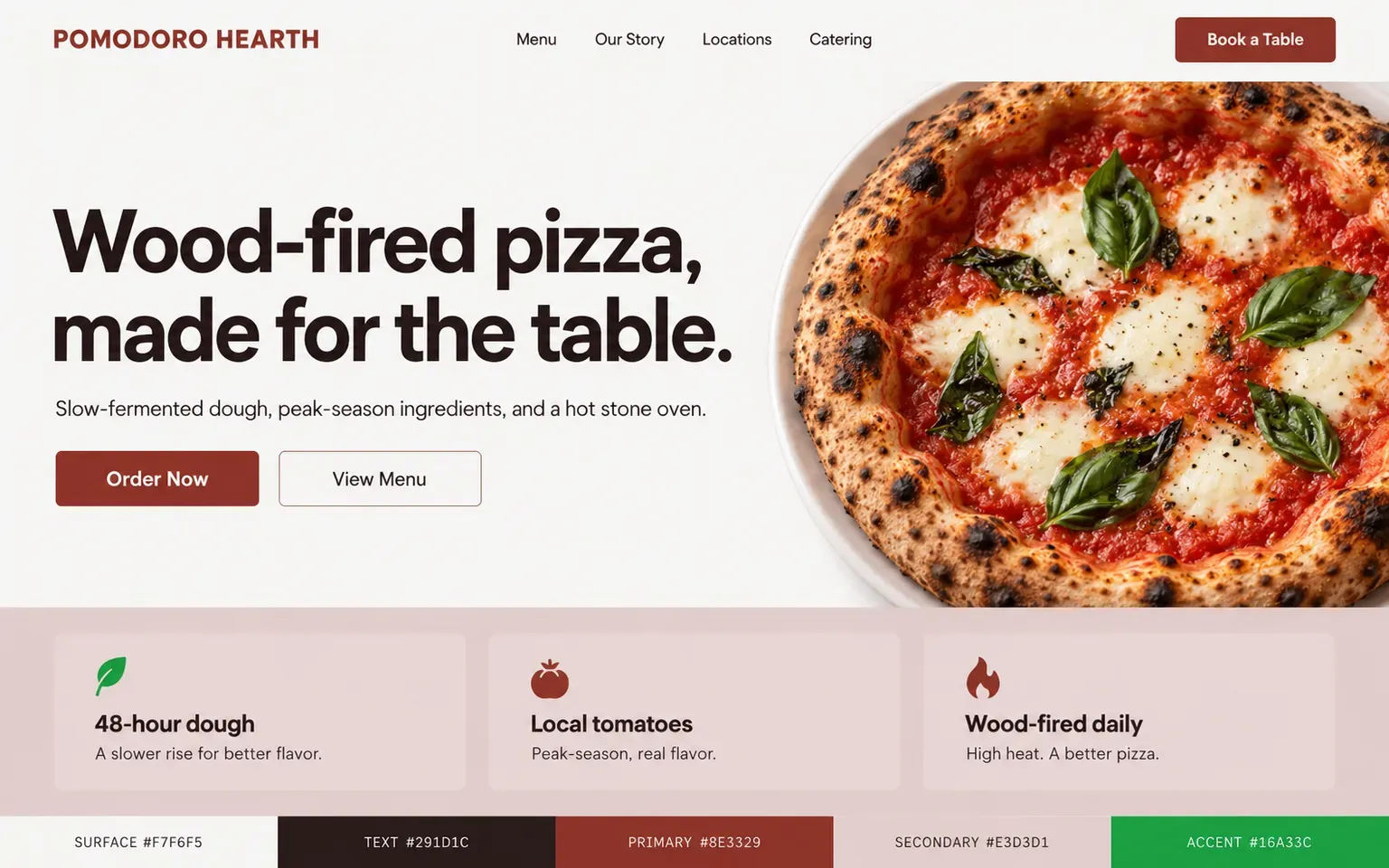Example website coloured with a an appetising food palette in tomato and herb