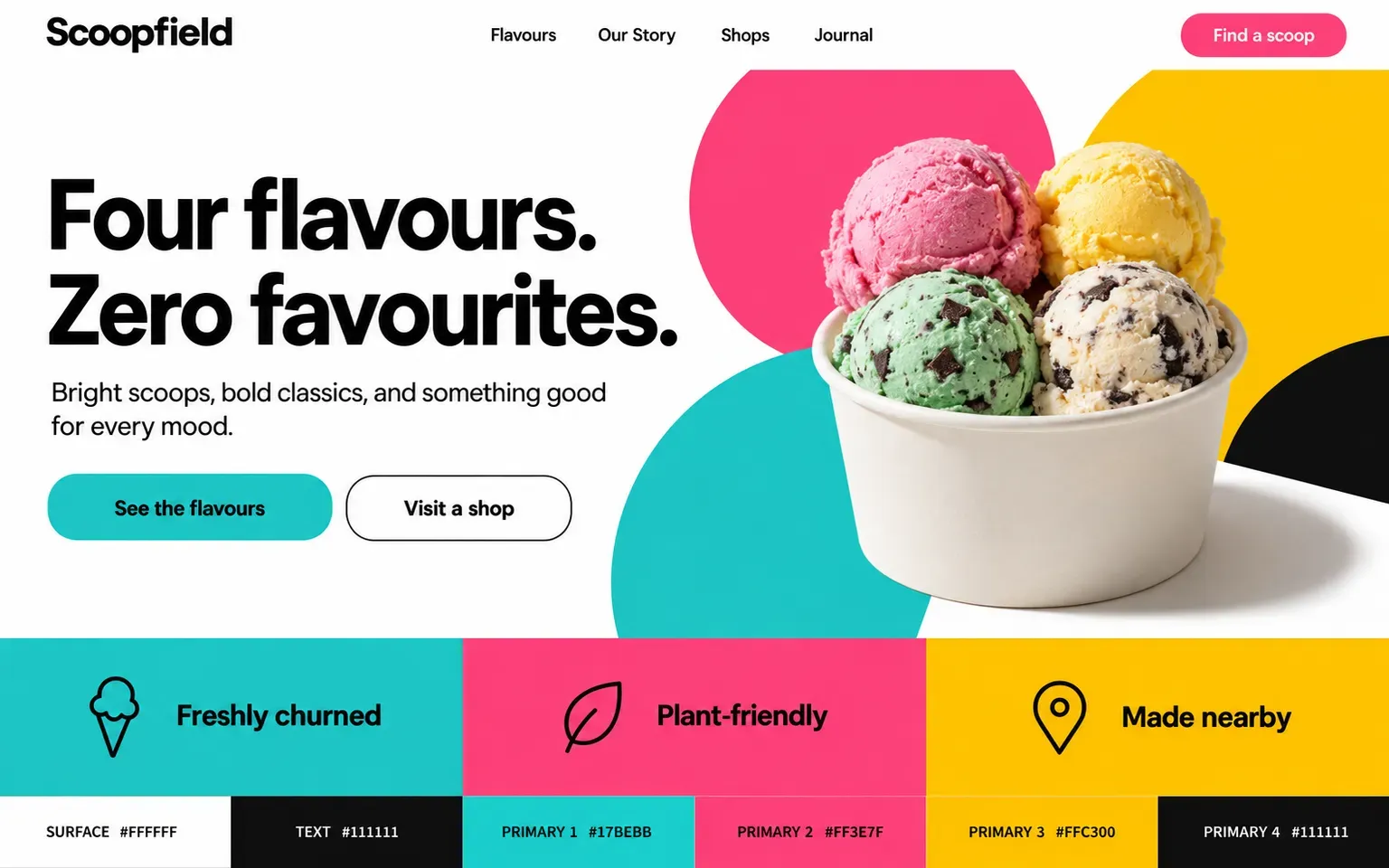 Example website coloured with a palette with four equal primaries, bright and unhierarchical