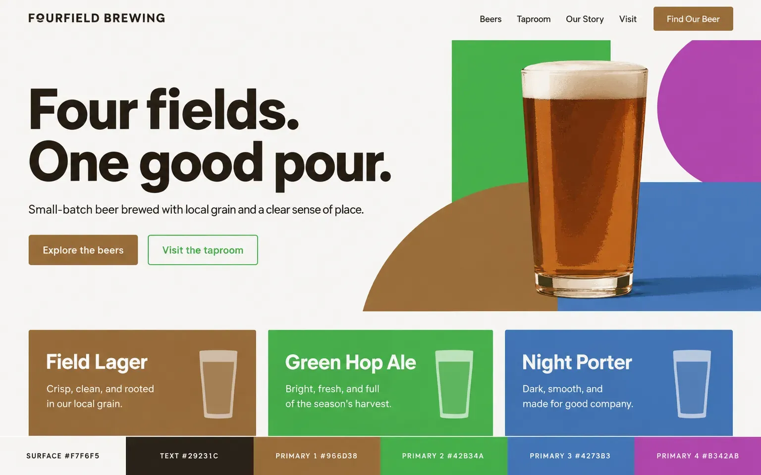 Example website coloured with a palette with four equal primaries in earth tones
