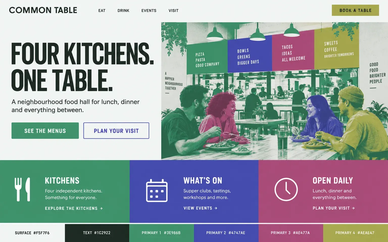 Example website coloured with a palette with four equal primaries, muted
