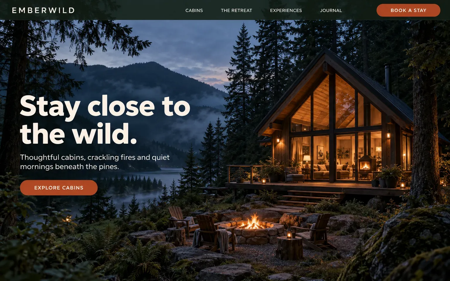 Example website for a glamping and cabin retreat