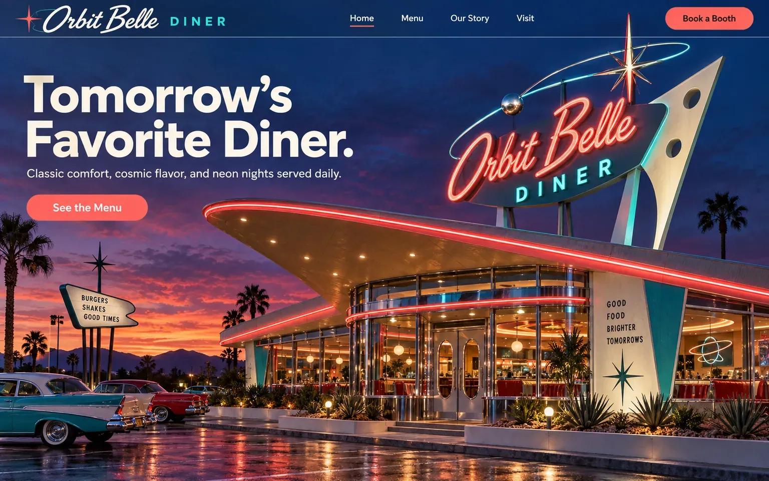 Example website designed in the Googie space-age roadside design style