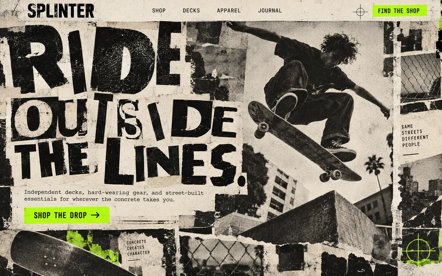Example website designed in the 1990s grunge design in the David Carson manner style